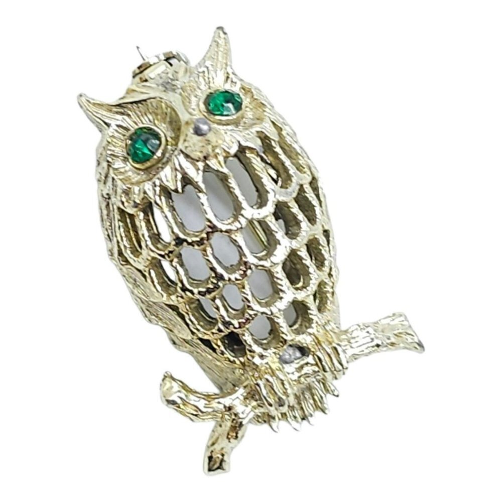 Gerry's Marked Owl Brooch Pin Filigree Green Rhinestone Eyes Gold Tone Vintage